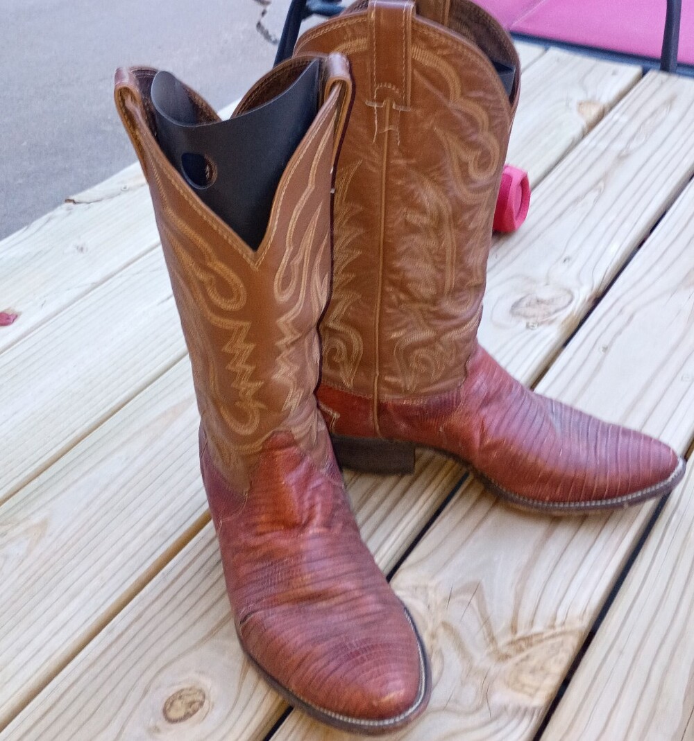 Vintage Justin Made in USA Lizard Skin Cowboy Boots Men's 9.5 D Brown 8303